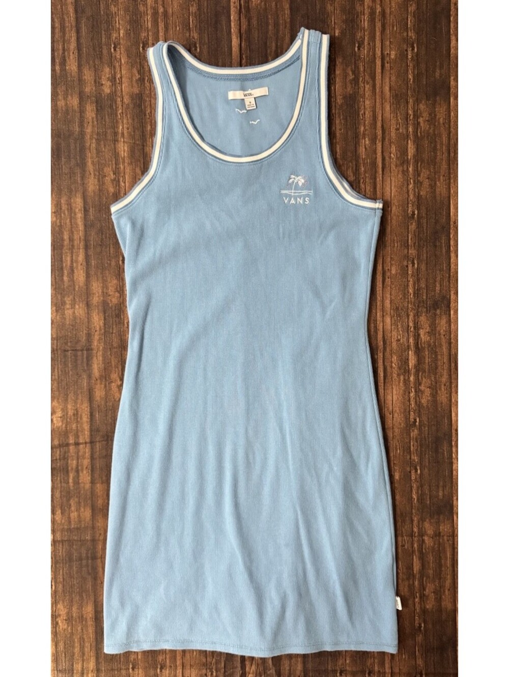 Vans Women’s Retro Blue Ribbed Knit Tank Bodycon Dress Embroidered Logo & Birds